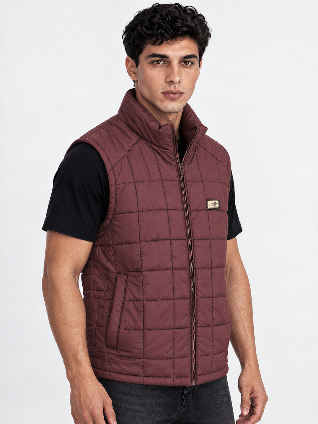 Men's Solid Mock Collar Sleeveless Regular Fit Quilted Jacket