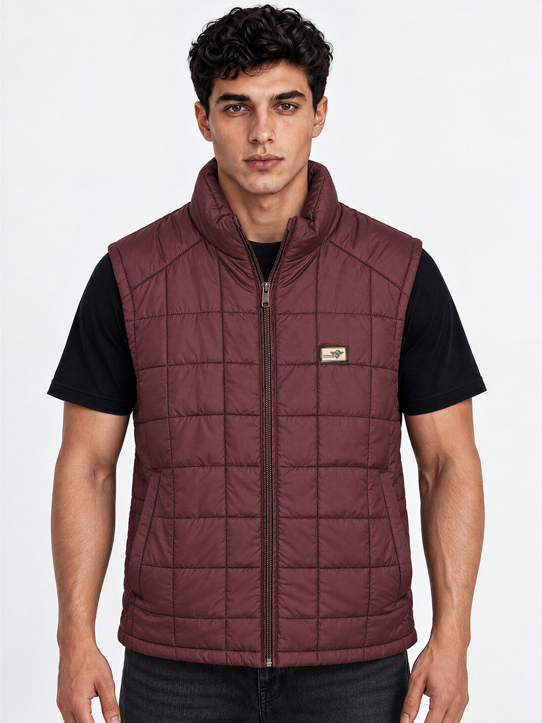 Men's Solid Mock Collar Sleeveless Regular Fit Quilted Jacket