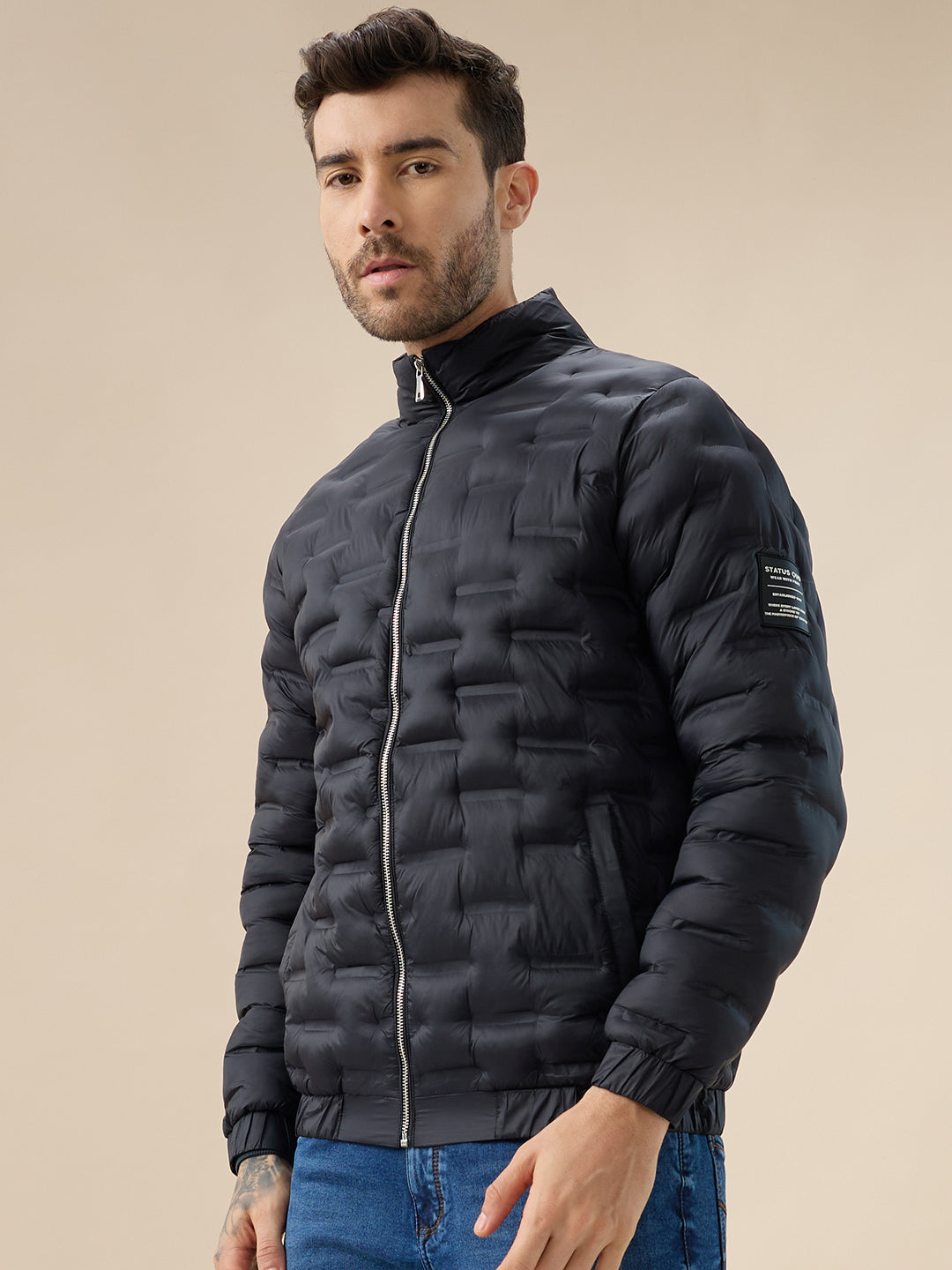Men's Solid Quilted Mock Collar Full Sleeves Puffer Jacket