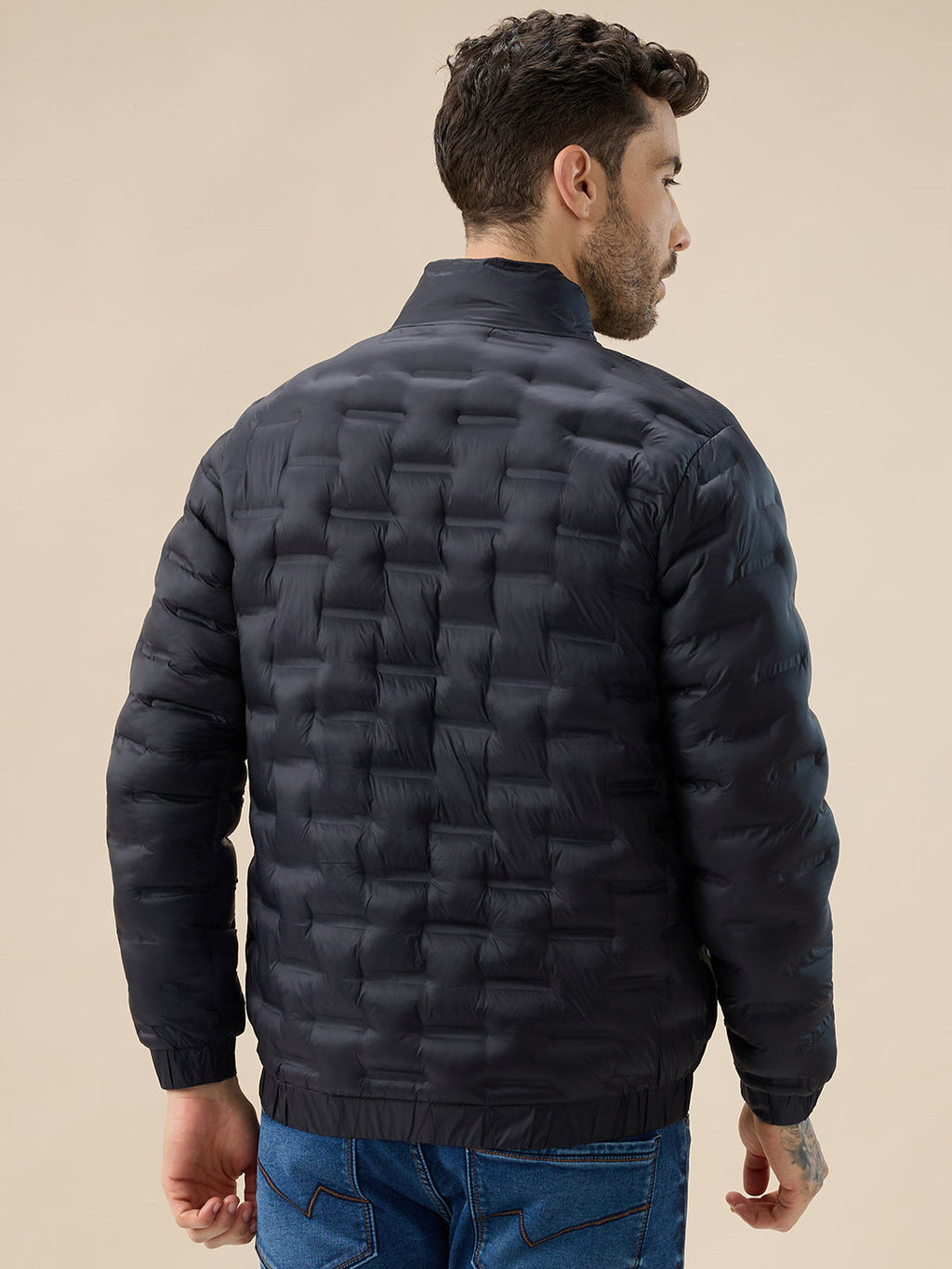Men's Solid Quilted Mock Collar Full Sleeves Puffer Jacket