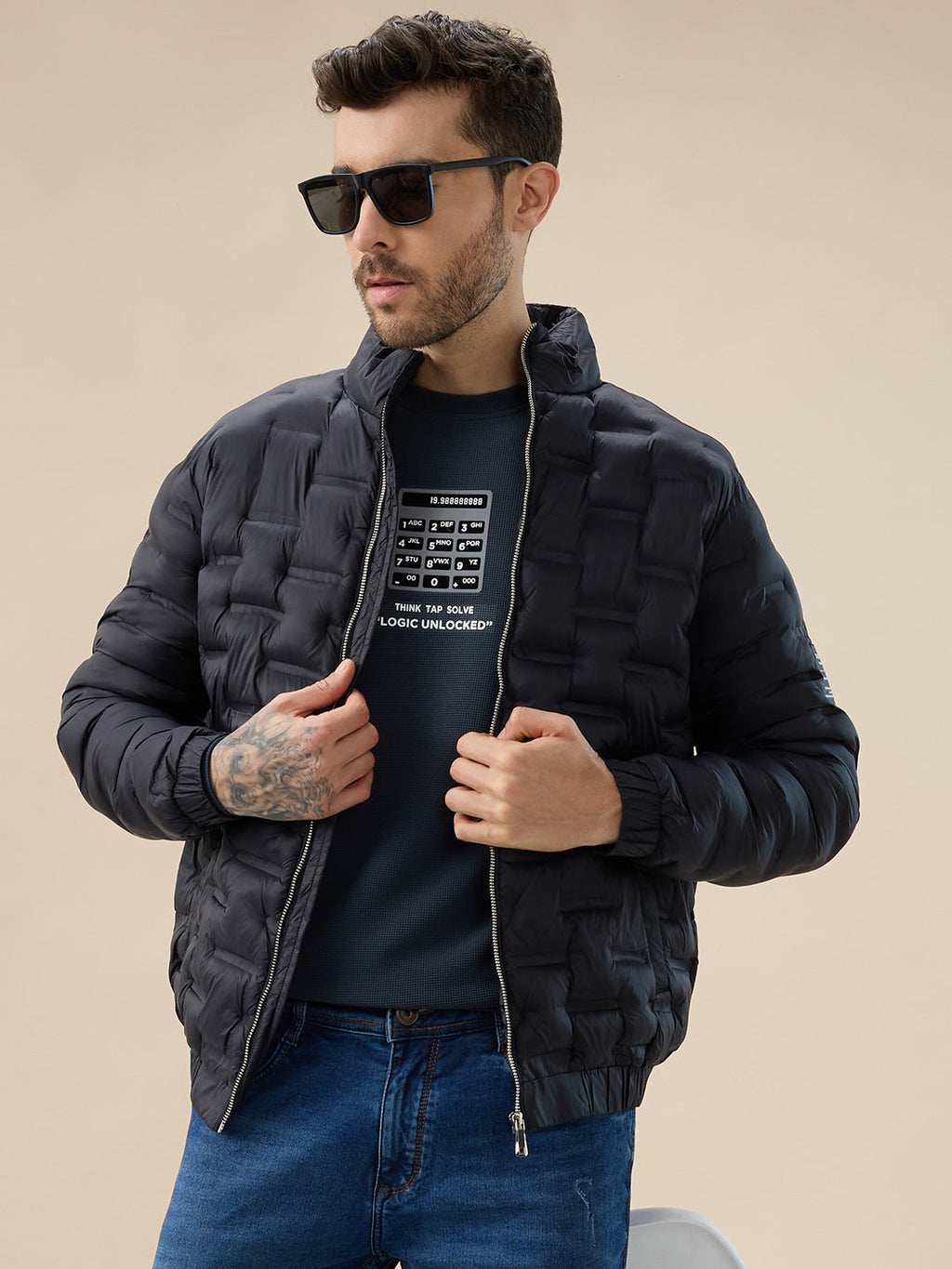 Men's Solid Quilted Mock Collar Full Sleeves Puffer Jacket