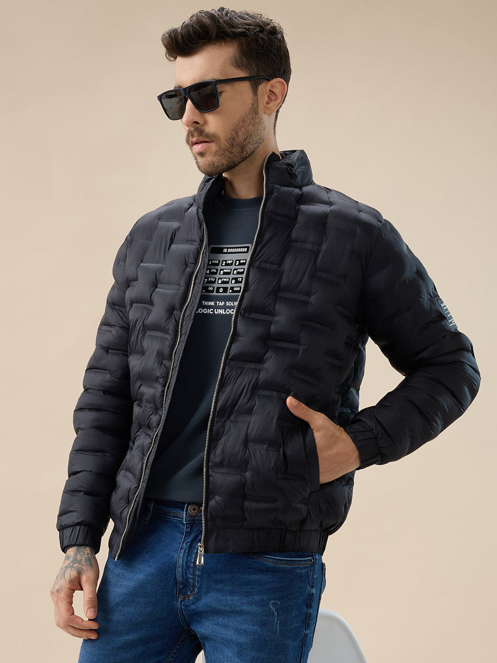 Men's Solid Quilted Mock Collar Full Sleeves Puffer Jacket
