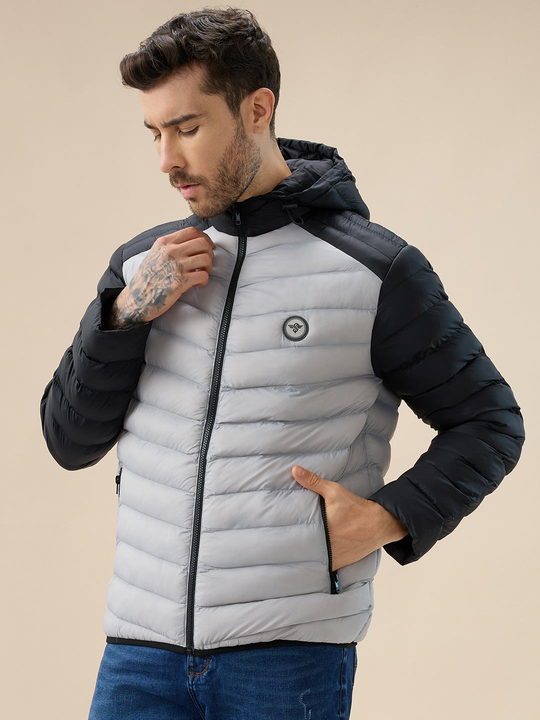 Men's Quilted Colorblock Hooded Regular Fit Full Sleeves Puffer Jacket