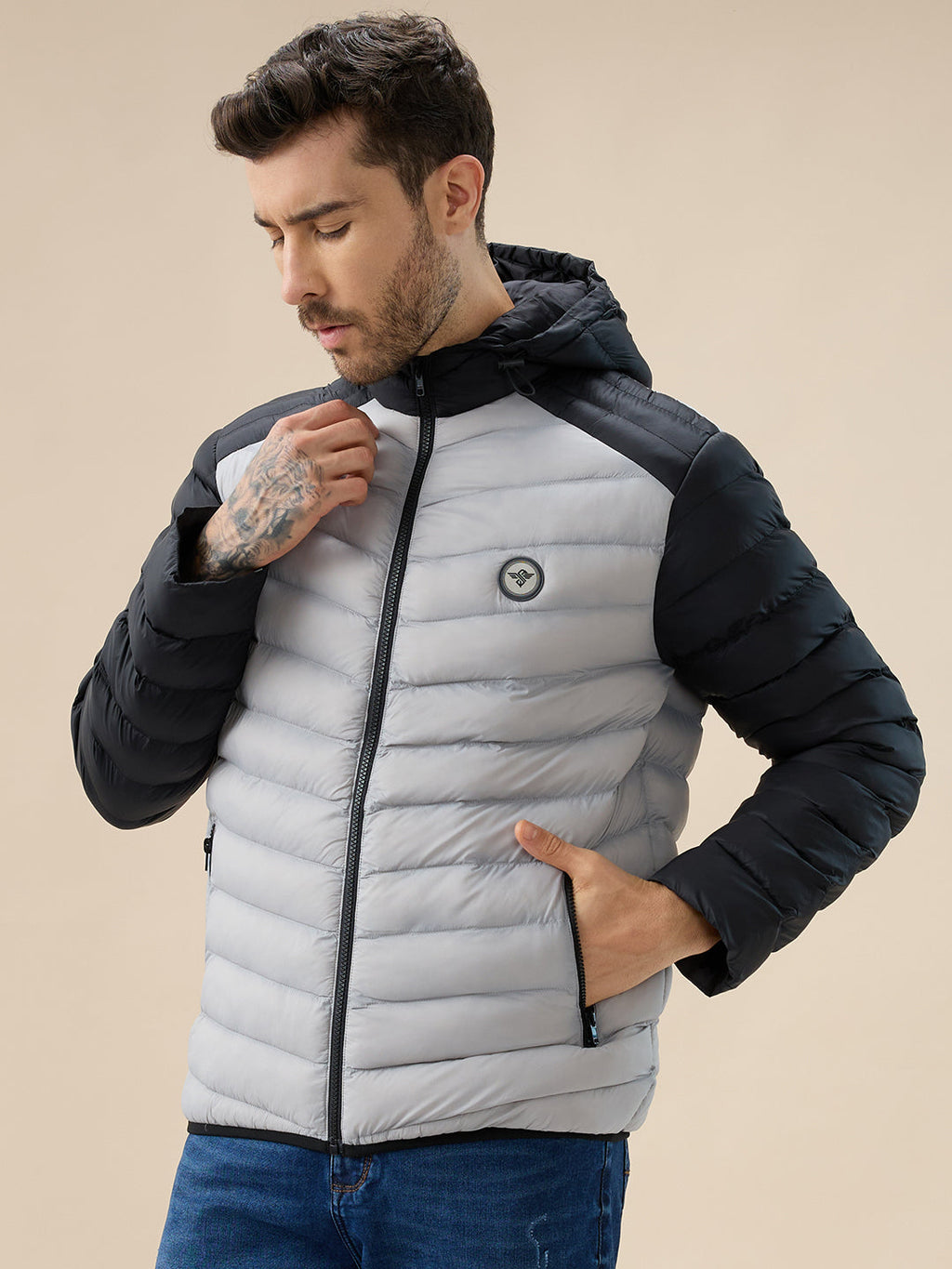 Men's Quilted Colorblock Hooded Regular Fit Full Sleeves Puffer Jacket