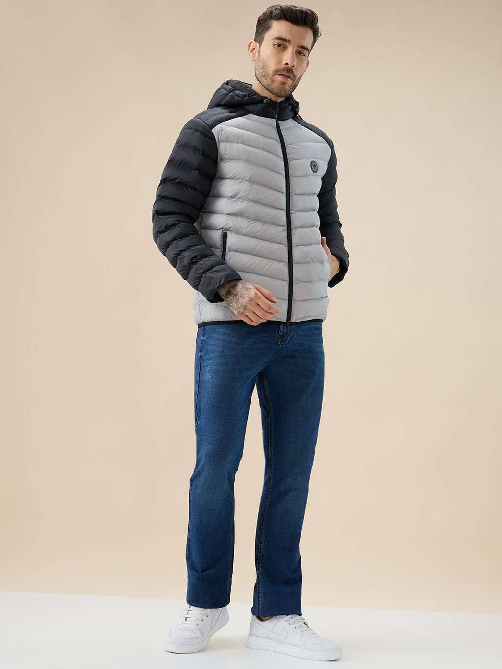 Men's Quilted Colorblock Hooded Regular Fit Full Sleeves Puffer Jacket