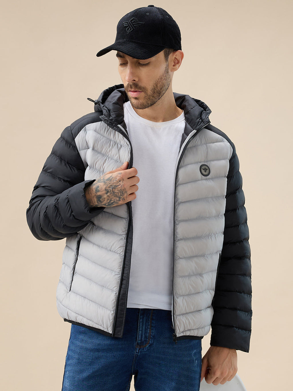 Men's Quilted Colorblock Hooded Regular Fit Full Sleeves Puffer Jacket