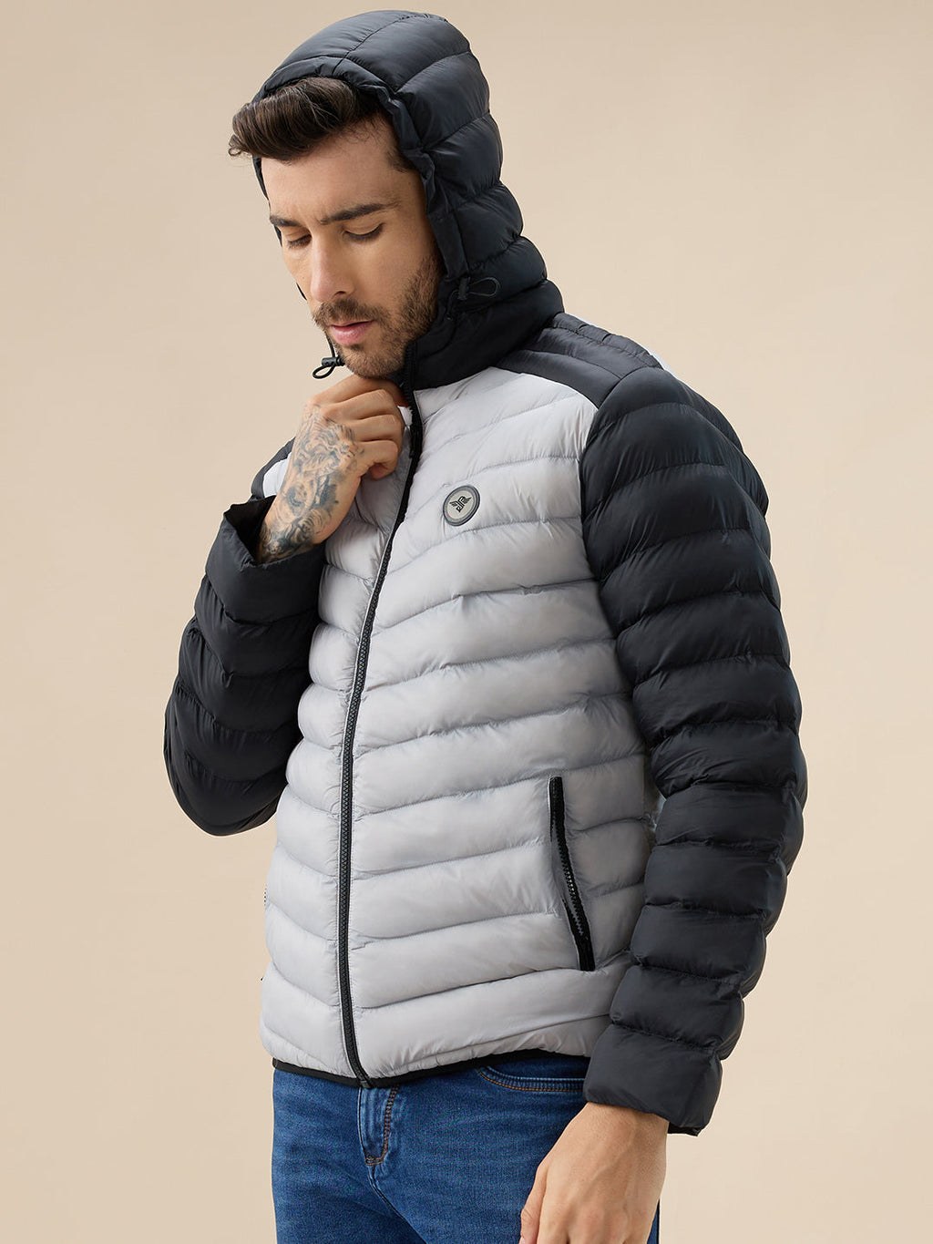 Men's Quilted Colorblock Hooded Regular Fit Full Sleeves Puffer Jacket