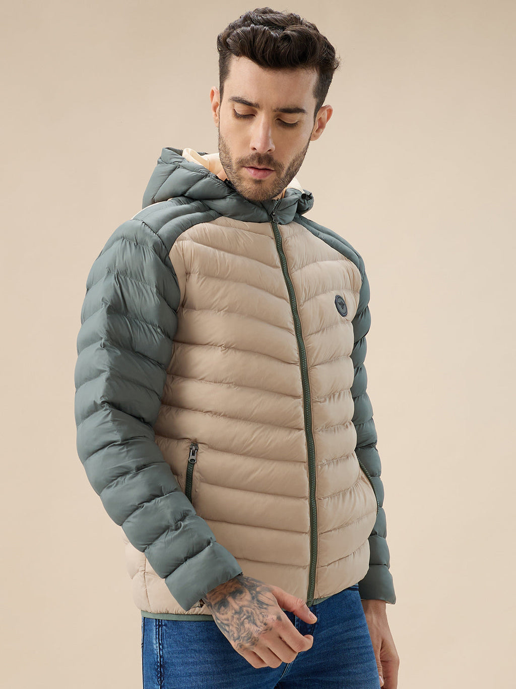 Men's Quilted Colorblock Hooded Regular Fit Full Sleeves Puffer Jacket