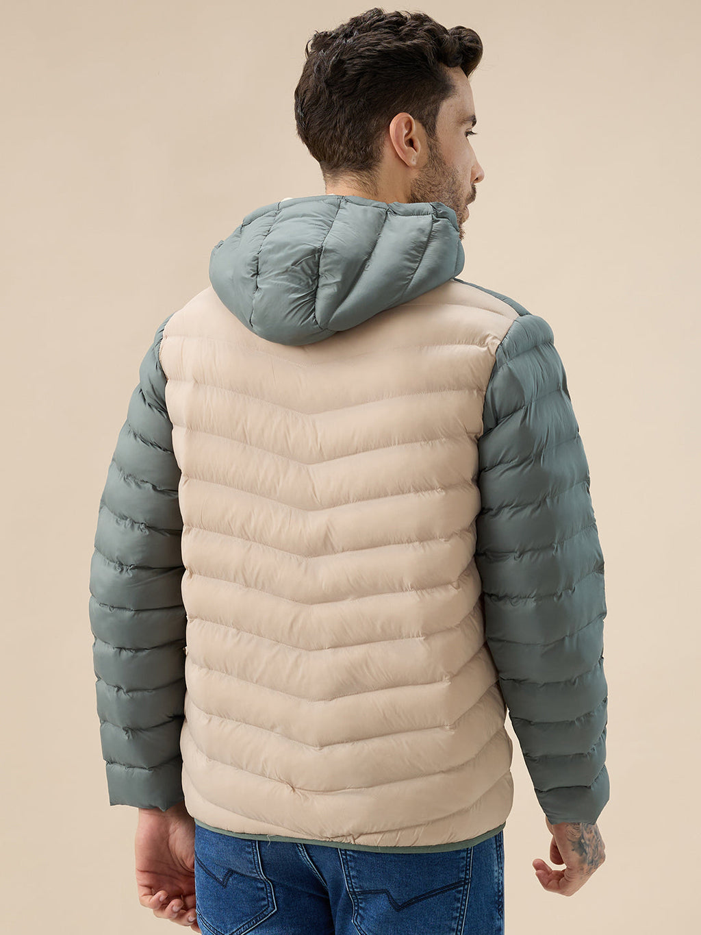 Men's Quilted Colorblock Hooded Regular Fit Full Sleeves Puffer Jacket