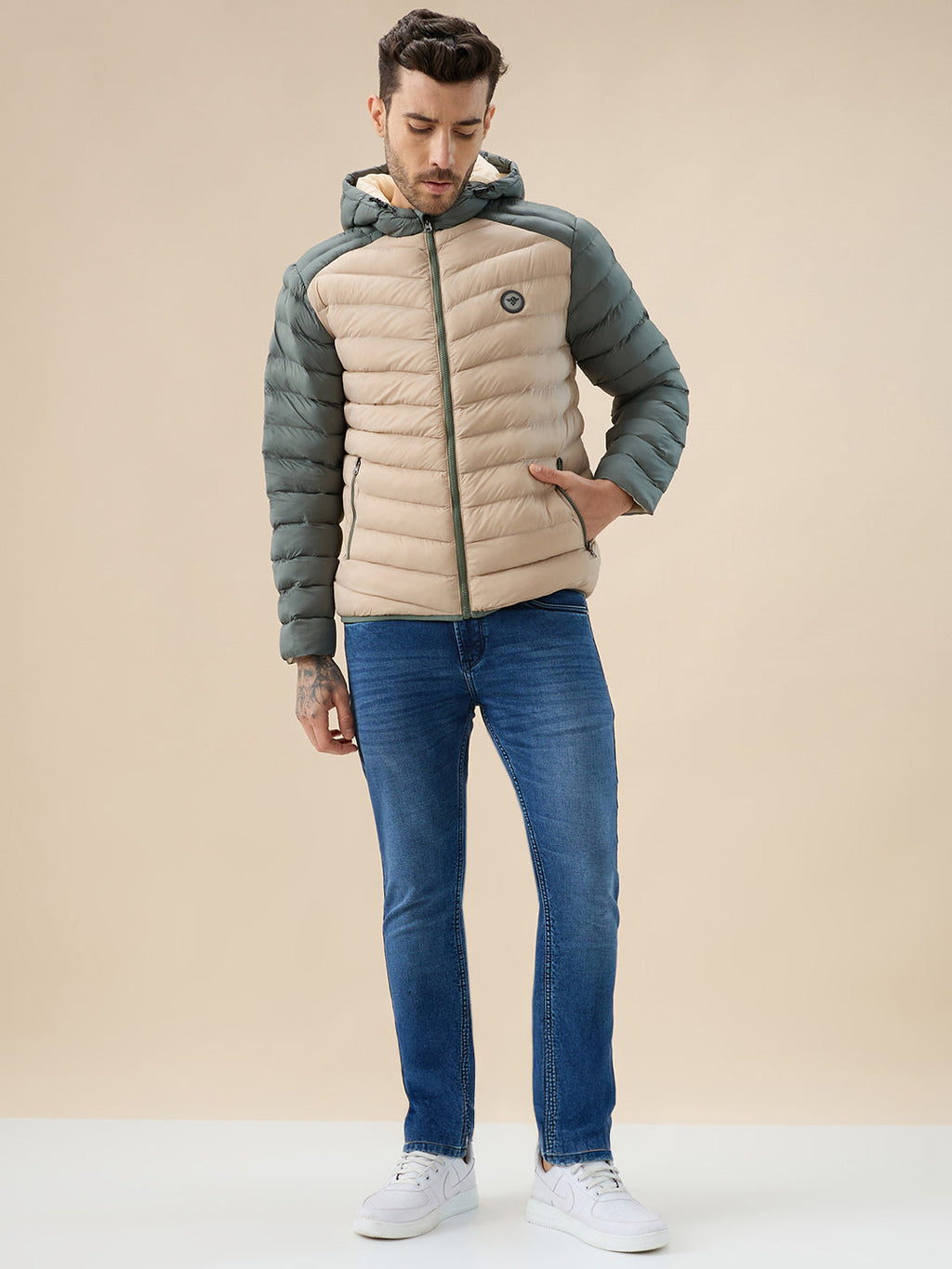 Men's Quilted Colorblock Hooded Regular Fit Full Sleeves Puffer Jacket