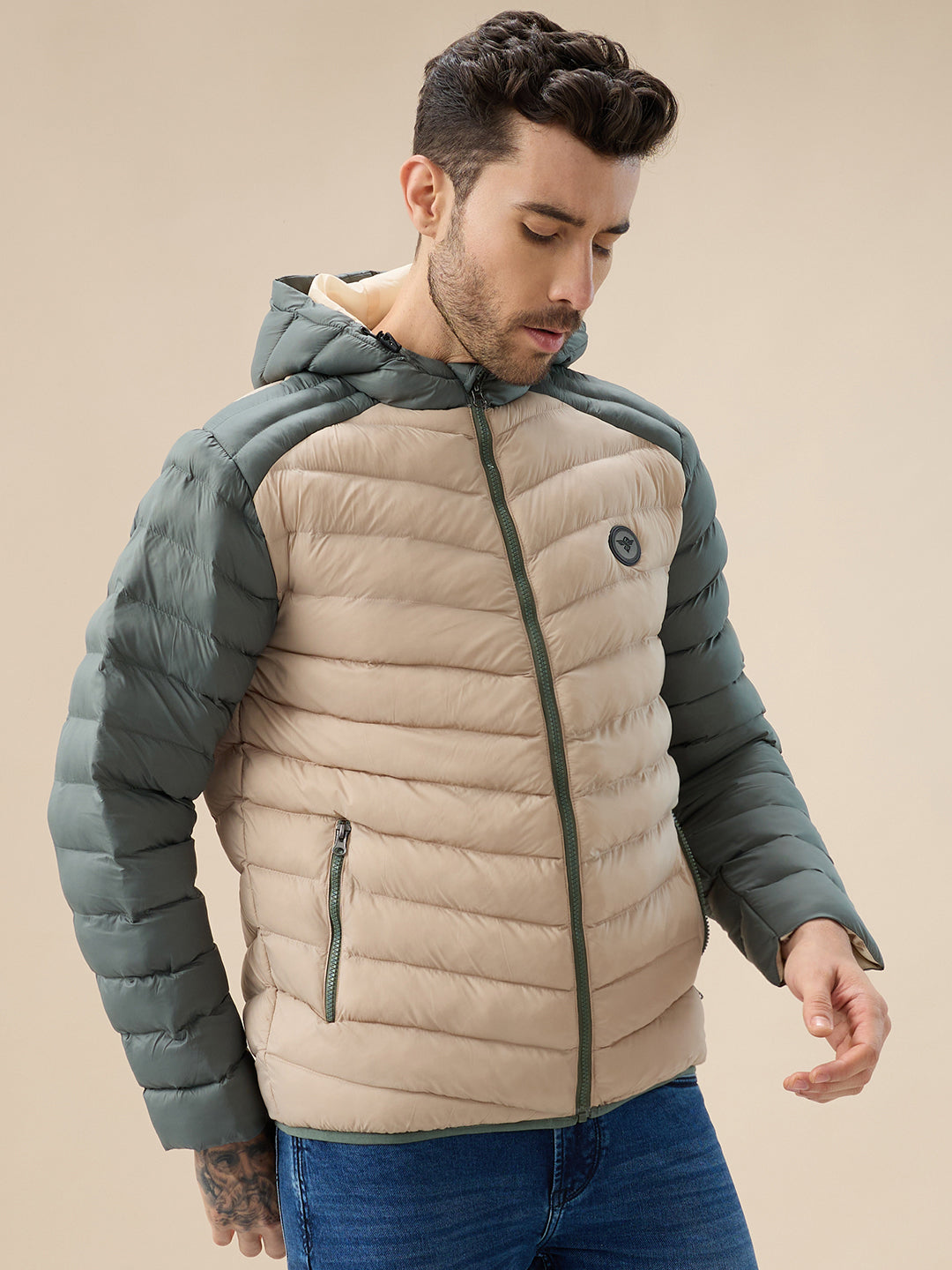 Men's Quilted Colorblock Hooded Regular Fit Full Sleeves Puffer Jacket