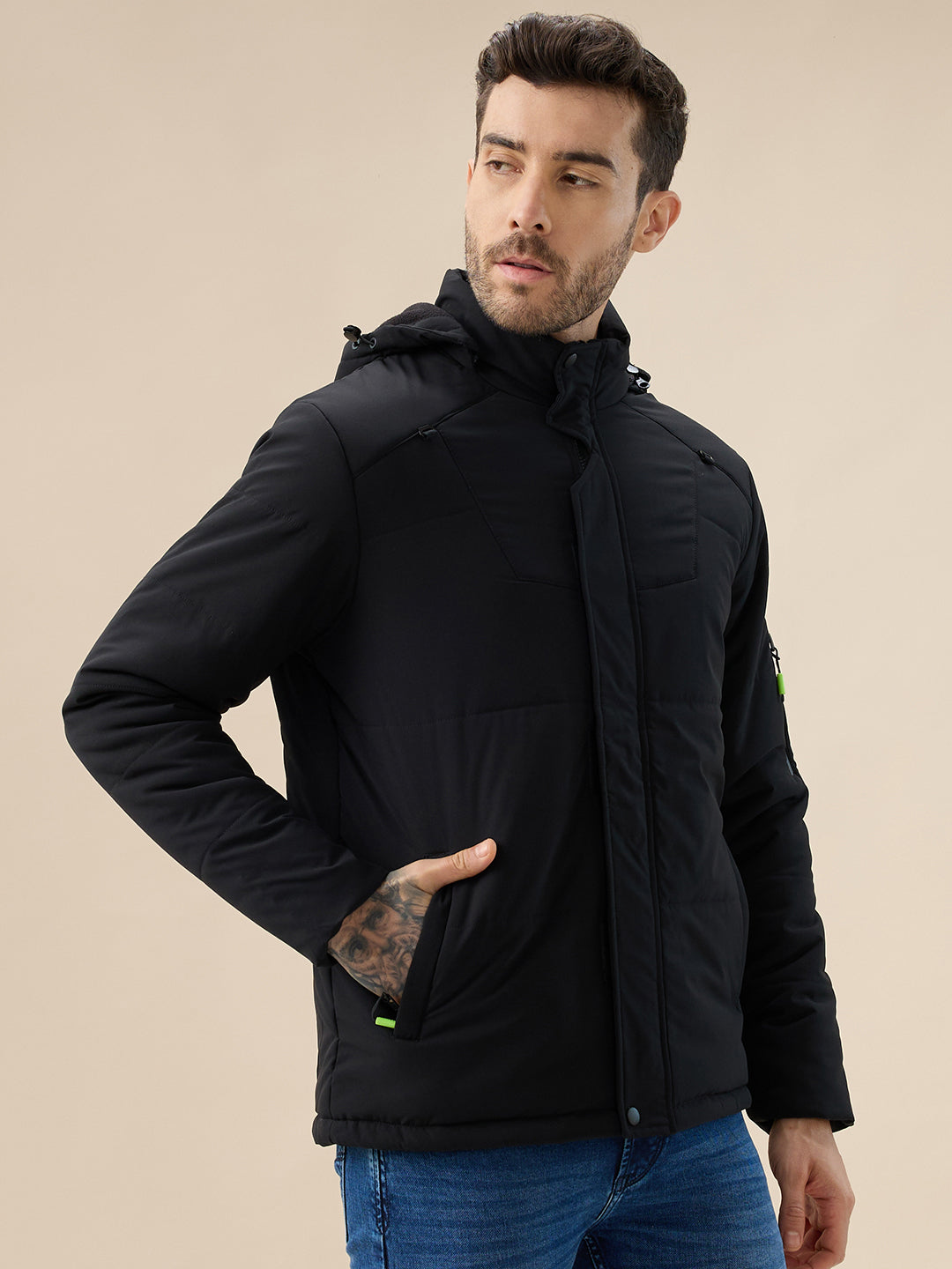 Men's Solid Detachable Hood High Neck Full Sleeves Quilted Jacket