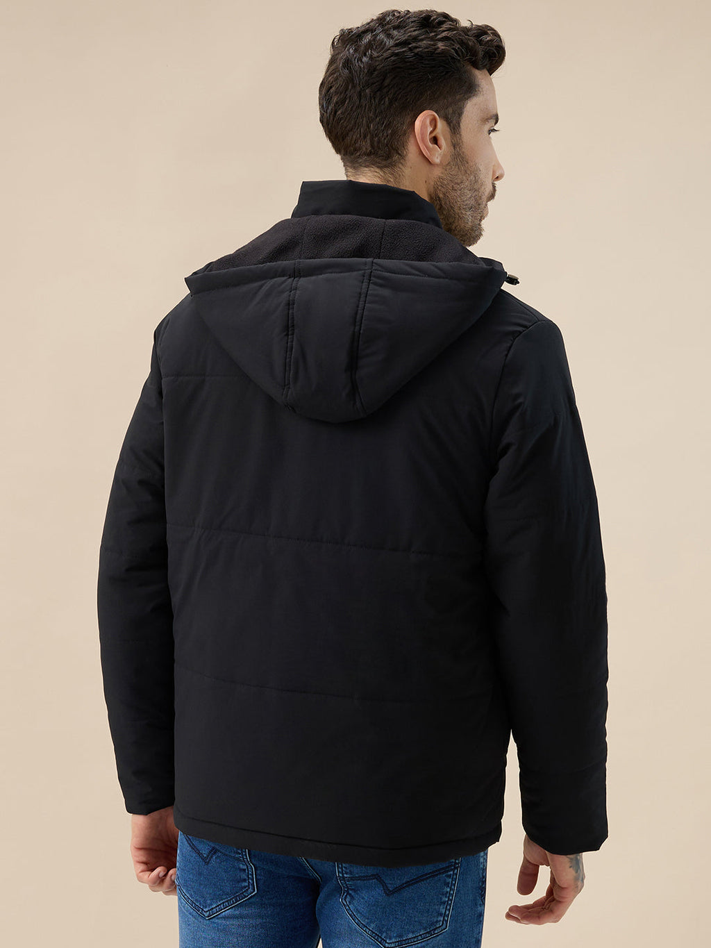 Men's Solid Detachable Hood High Neck Full Sleeves Quilted Jacket