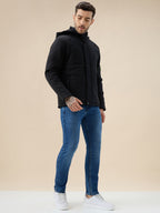 Men's Solid Detachable Hood High Neck Full Sleeves Quilted Jacket