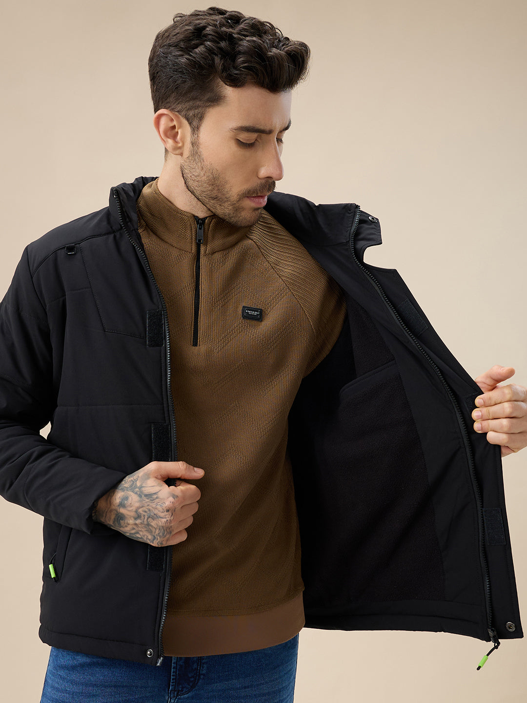 Men's Solid Detachable Hood High Neck Full Sleeves Quilted Jacket