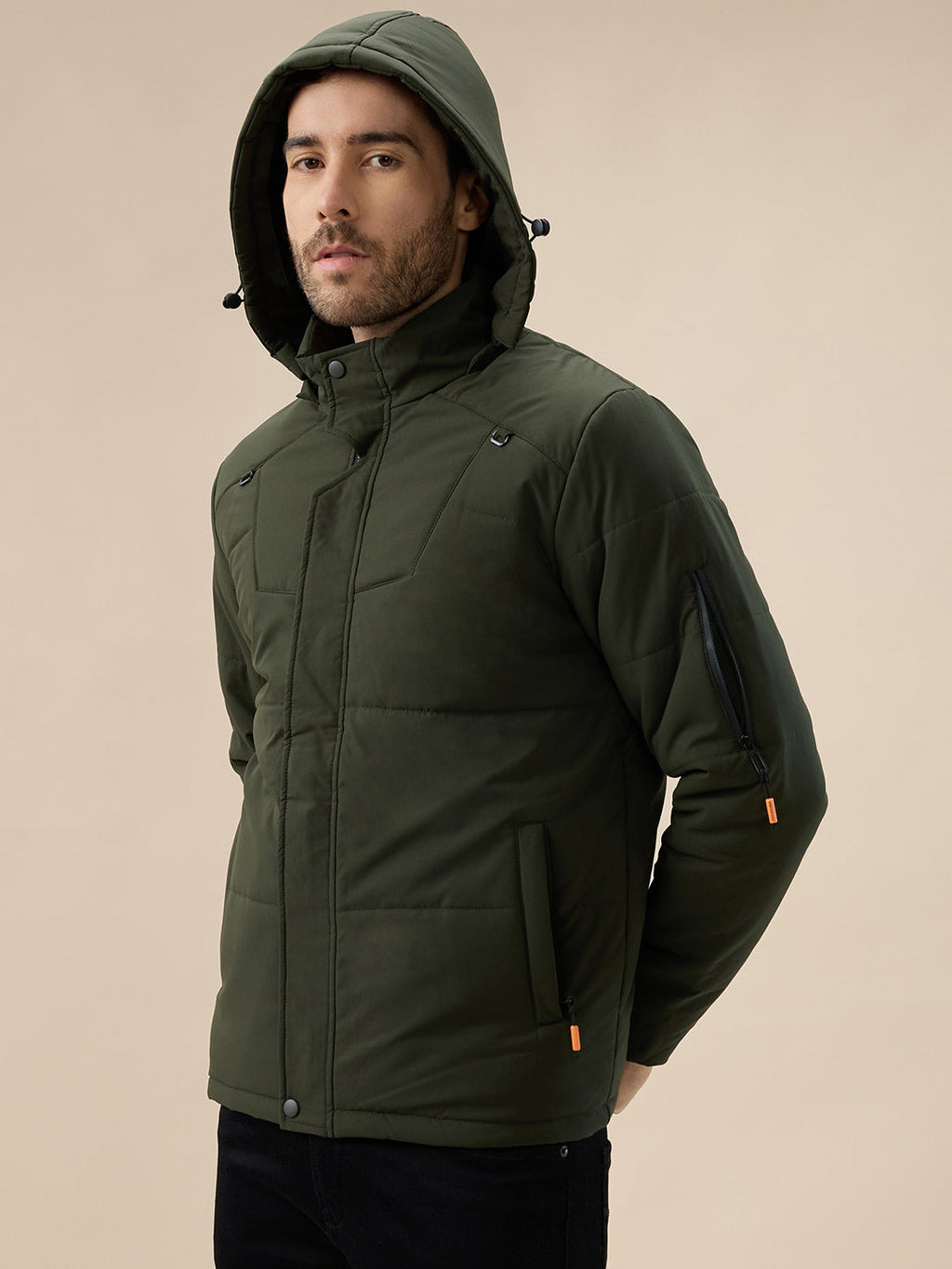 Men's Solid Detachable Hood High Neck Full Sleeves Quilted Jacket