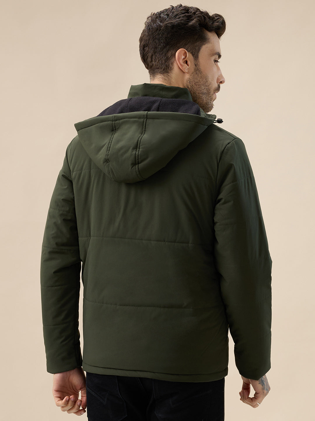 Men's Solid Detachable Hood High Neck Full Sleeves Quilted Jacket