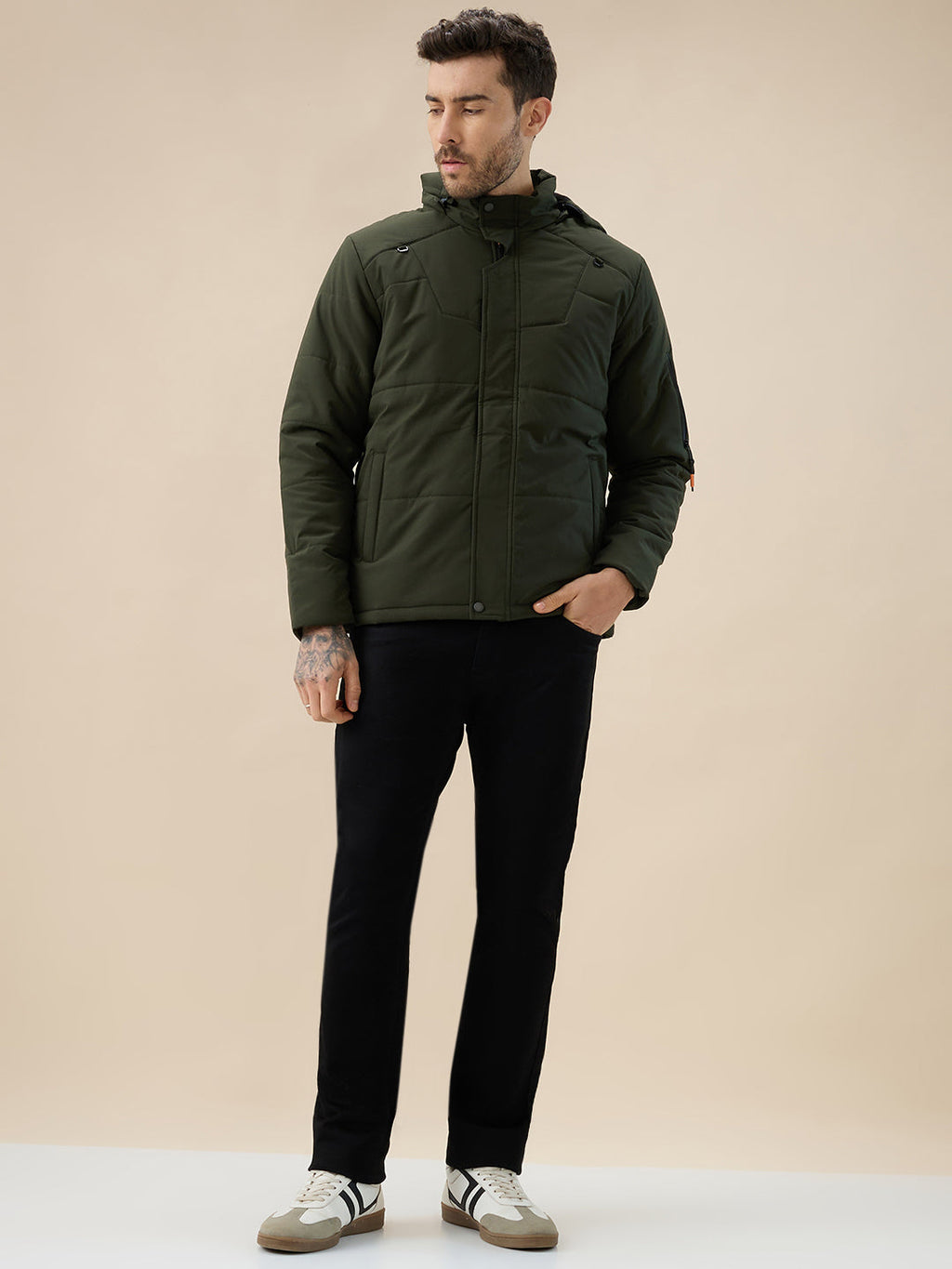 Men's Solid Detachable Hood High Neck Full Sleeves Quilted Jacket