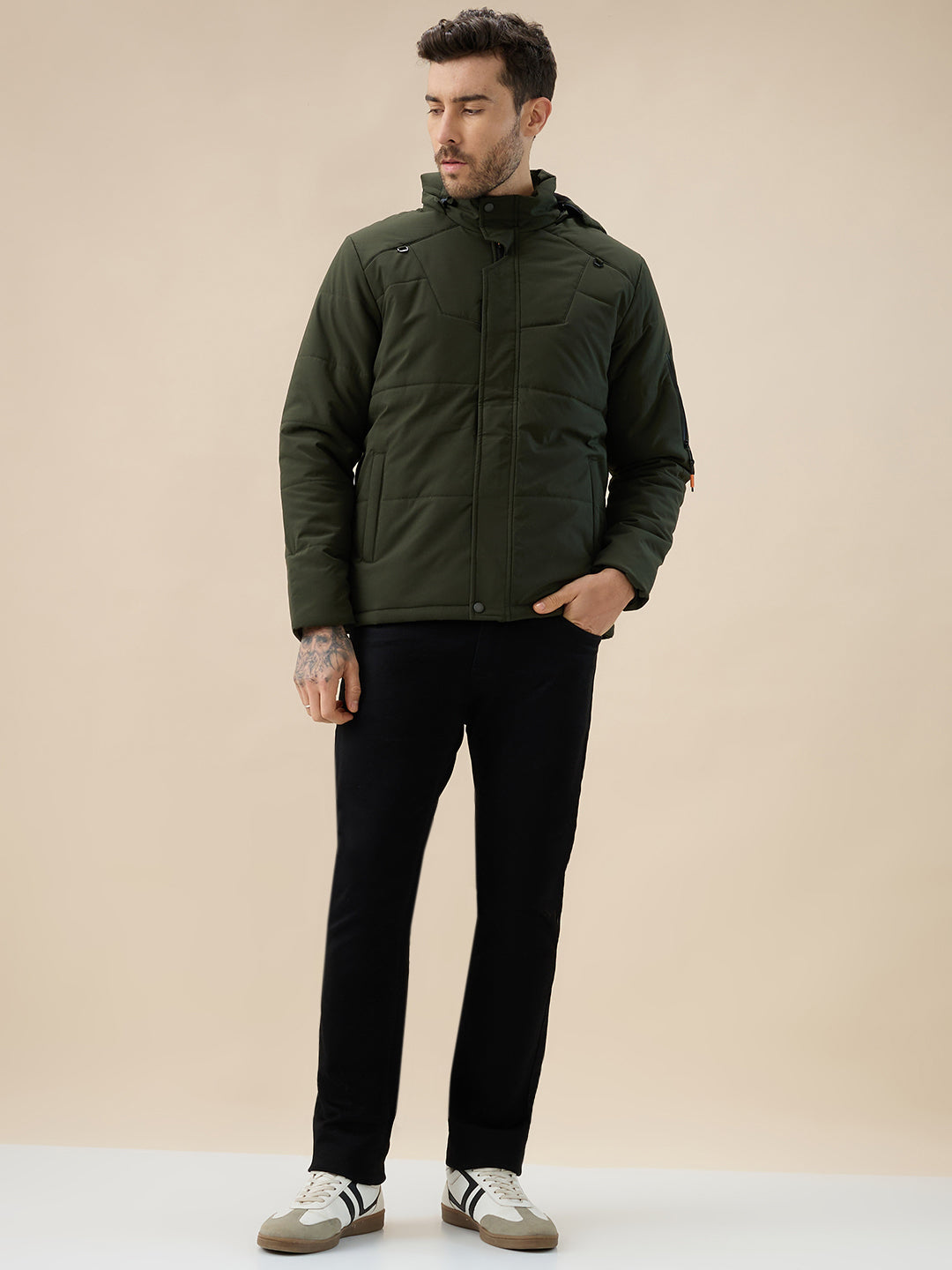 Men's Solid Detachable Hood High Neck Full Sleeves Quilted Jacket
