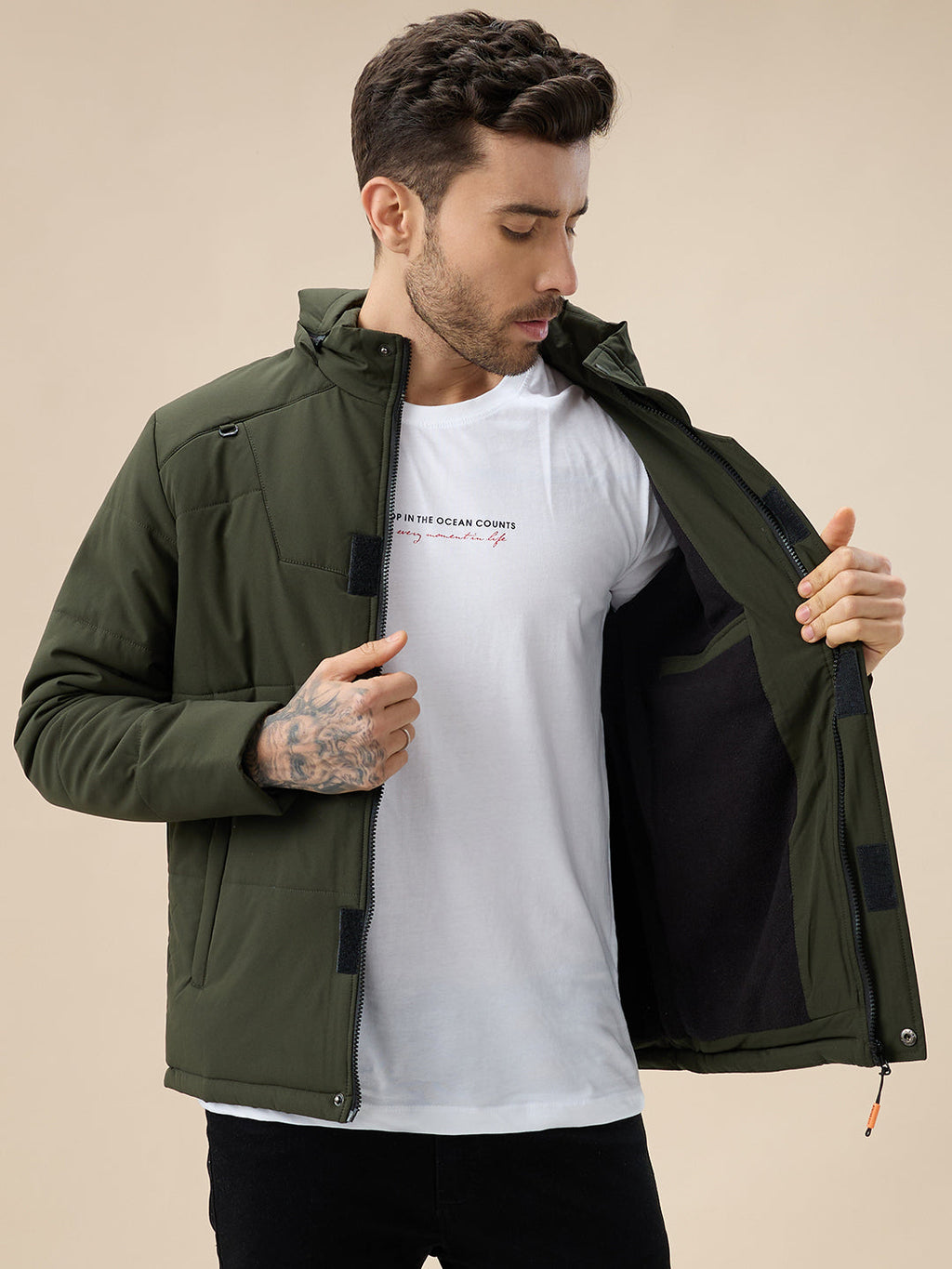 Men's Solid Detachable Hood High Neck Full Sleeves Quilted Jacket