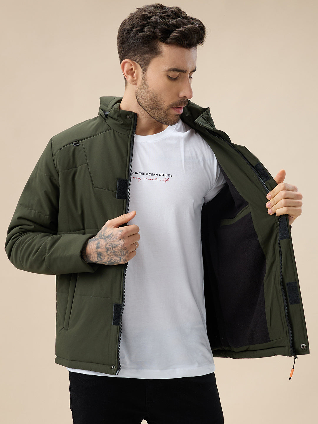 Men's Solid Detachable Hood High Neck Full Sleeves Quilted Jacket