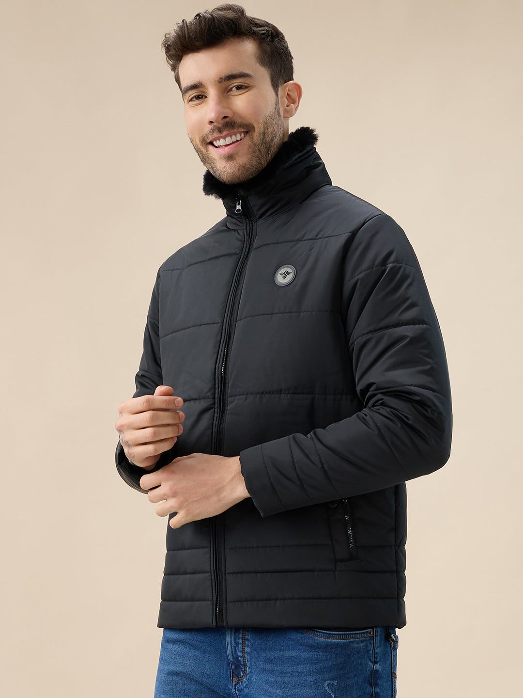 Men's Solid Quilted Jacket Faux Fur High Neck Full Sleeves