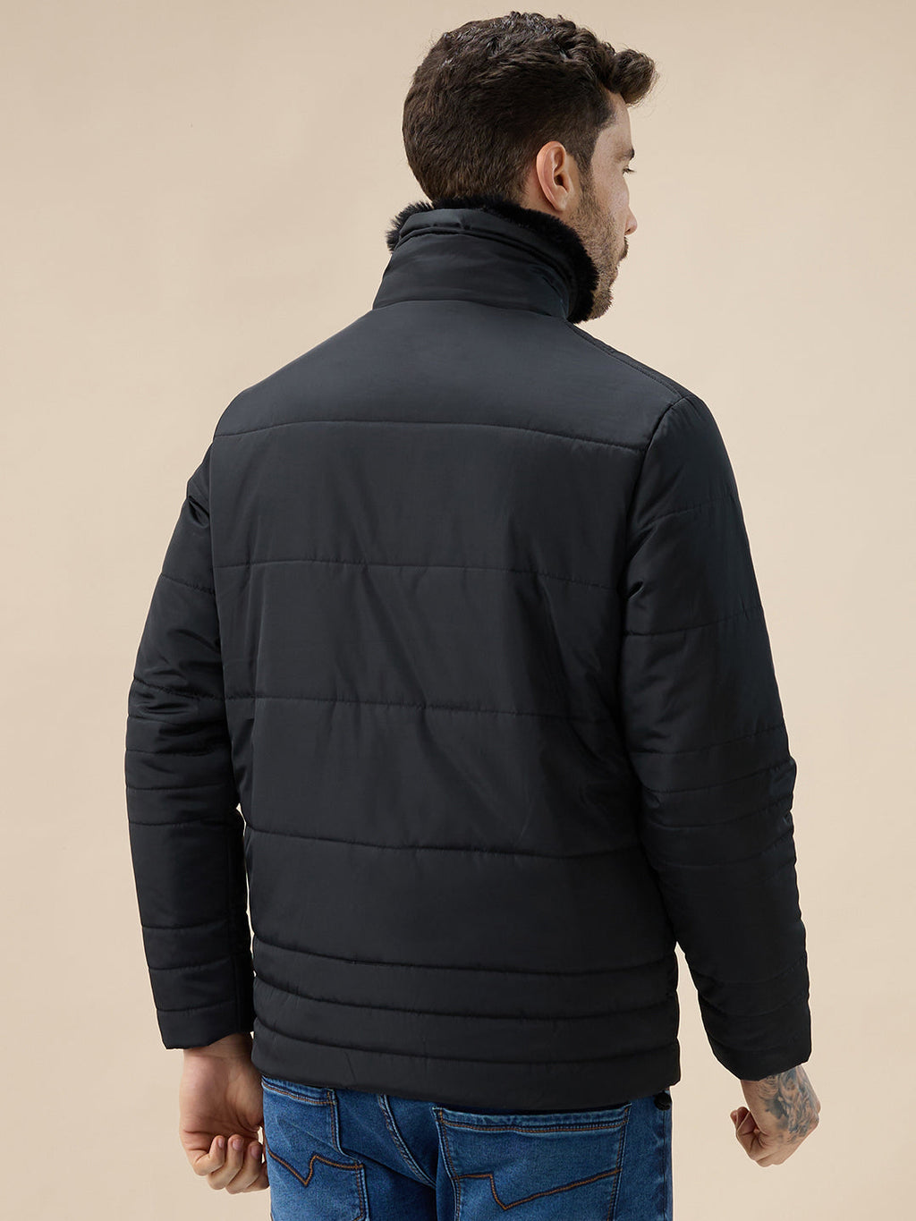 Men's Solid Quilted Jacket Faux Fur High Neck Full Sleeves