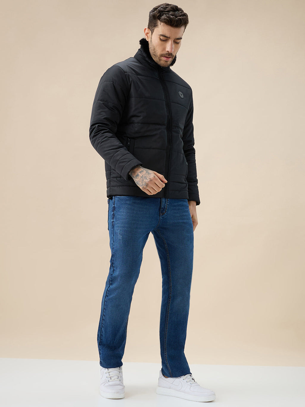 Men's Solid Quilted Jacket Faux Fur High Neck Full Sleeves