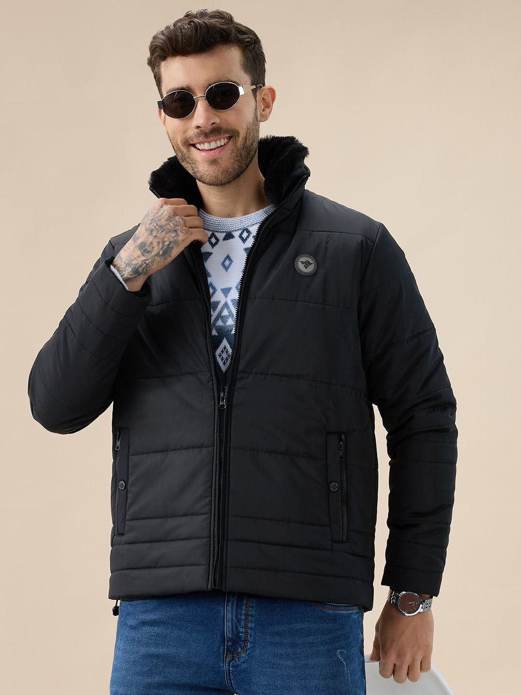Men's Solid Quilted Jacket Faux Fur High Neck Full Sleeves