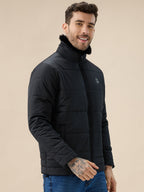 Men's Solid Quilted Jacket Faux Fur High Neck Full Sleeves