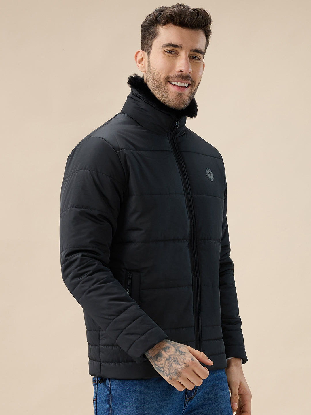 Men's Solid Quilted Jacket Faux Fur High Neck Full Sleeves