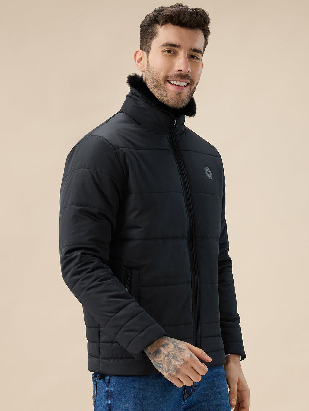 Men's Solid Quilted Jacket Faux Fur High Neck Full Sleeves