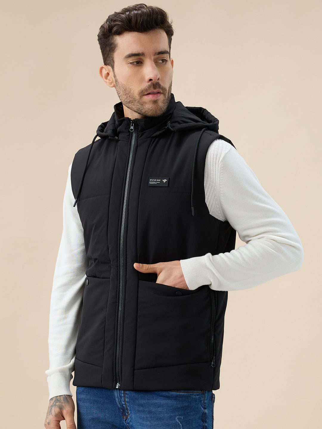 Men's Solid Sleeveless Padded Jacket Detachable Hood High Neck Secondary image