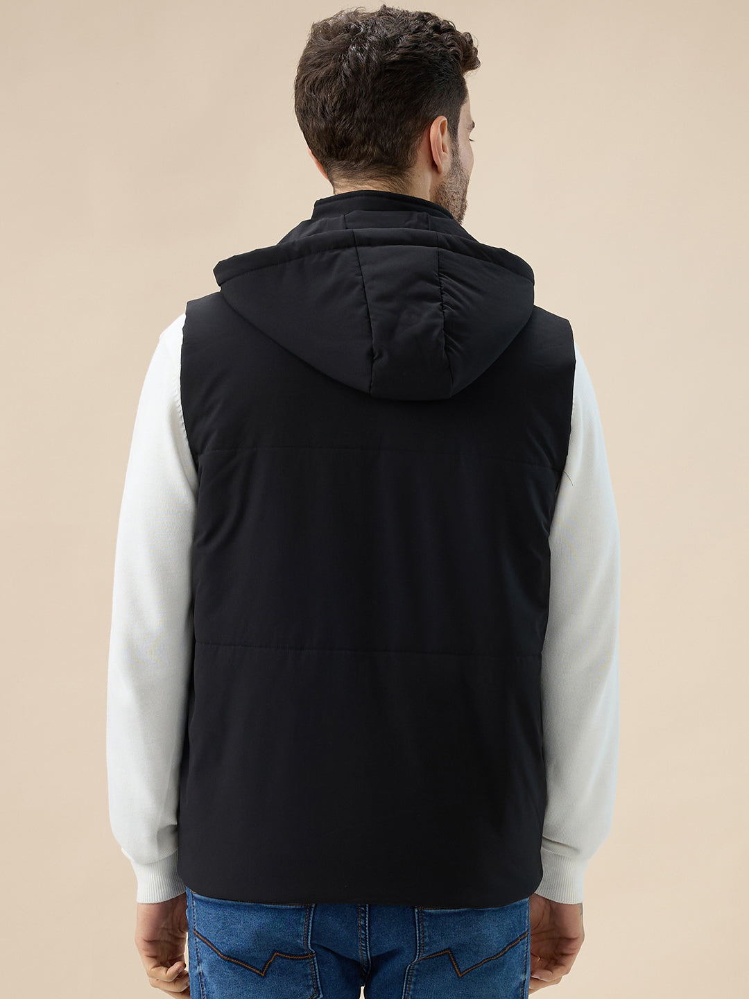 Men's Solid Sleeveless Padded Jacket Detachable Hood High Neck