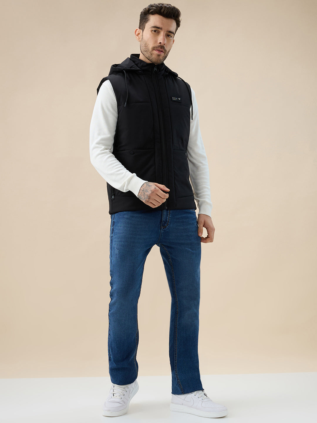 Men's Solid Sleeveless Padded Jacket Detachable Hood High Neck
