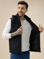 Men's Solid Sleeveless Padded Jacket Detachable Hood High Neck
