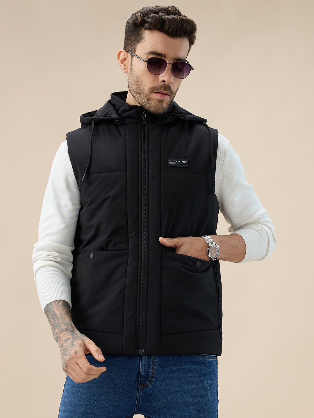 Men's Solid Sleeveless Padded Jacket Detachable Hood High Neck
