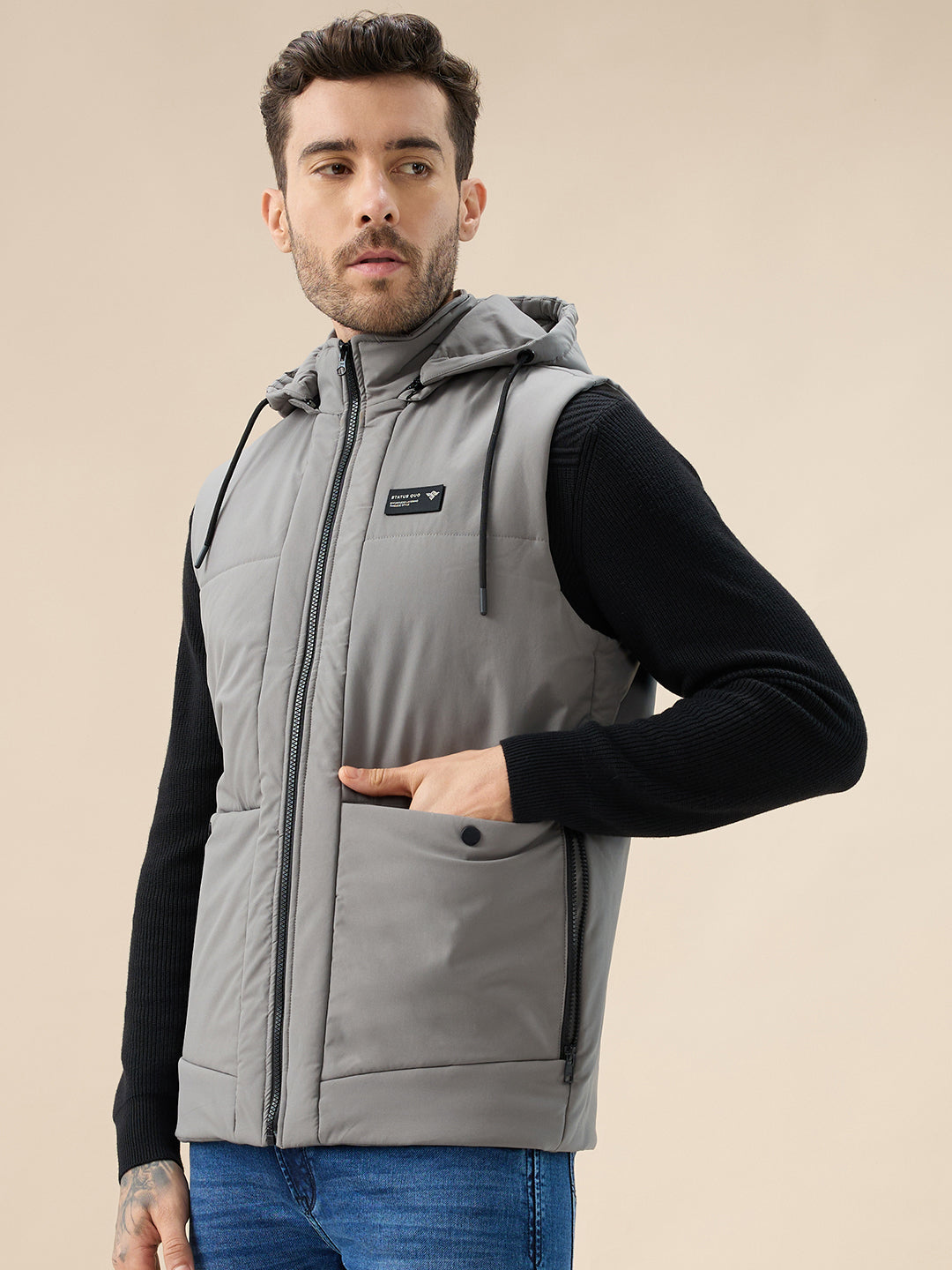 Men's Solid Sleeveless Padded Jacket Detachable Hood High Neck Secondary image