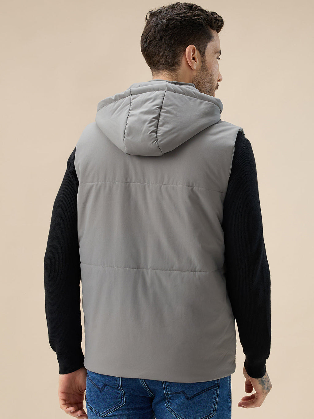 Men's Solid Sleeveless Padded Jacket Detachable Hood High Neck