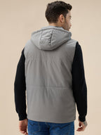 Men's Solid Sleeveless Padded Jacket Detachable Hood High Neck