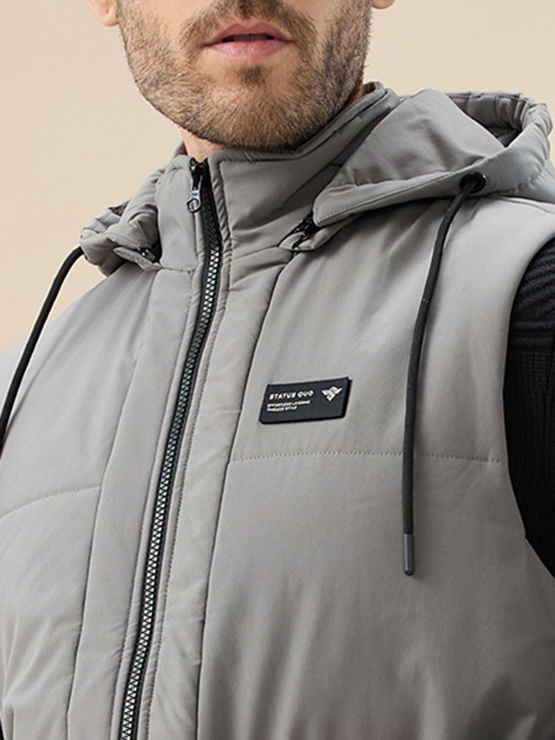 Men's Solid Sleeveless Padded Jacket Detachable Hood High Neck