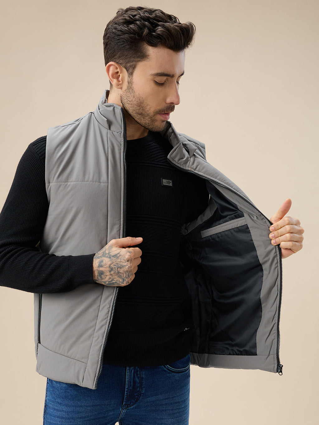 Men's Solid Sleeveless Padded Jacket Detachable Hood High Neck