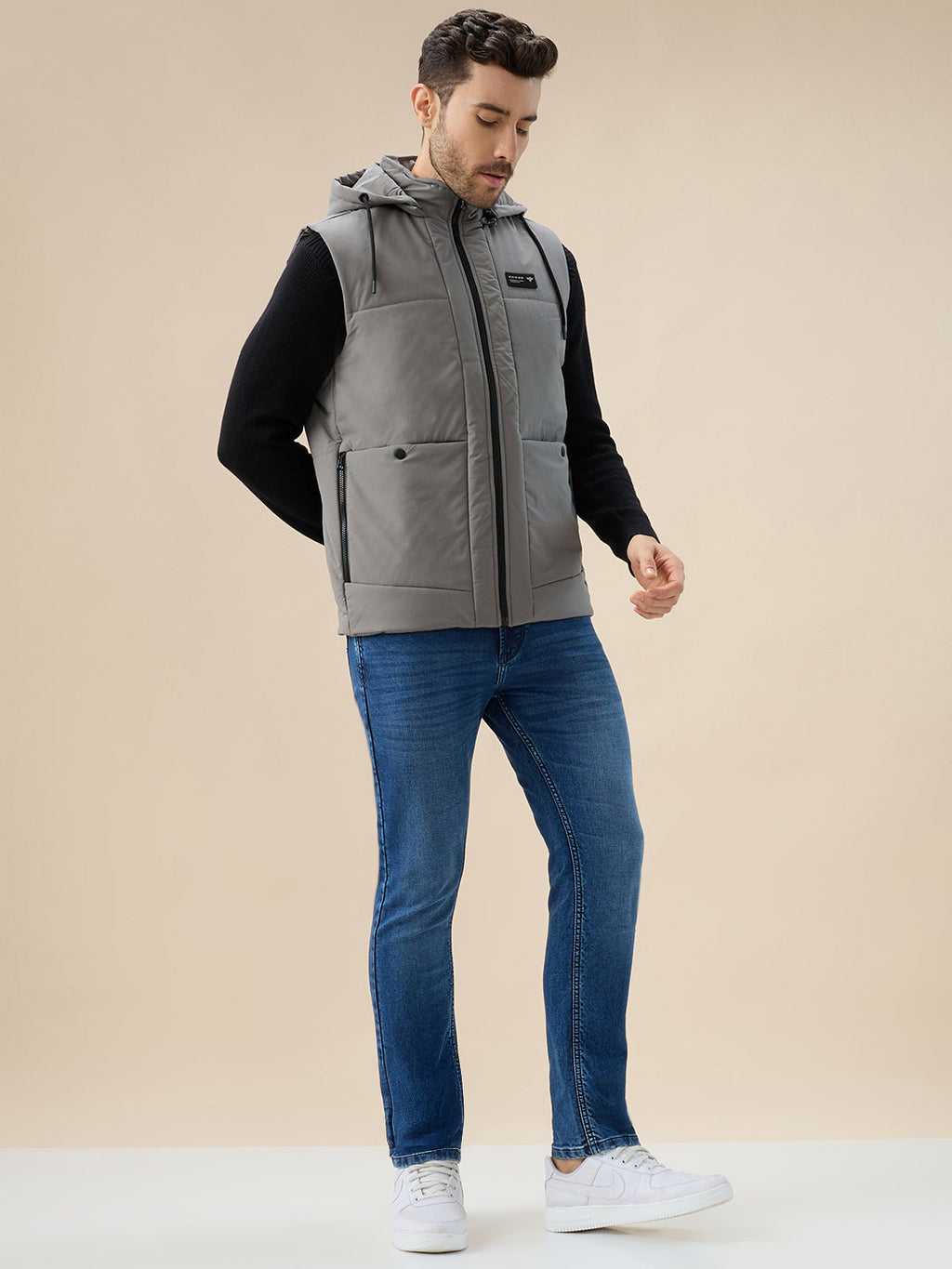 Men's Solid Sleeveless Padded Jacket Detachable Hood High Neck