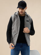Men's Solid Sleeveless Padded Jacket Detachable Hood High Neck
