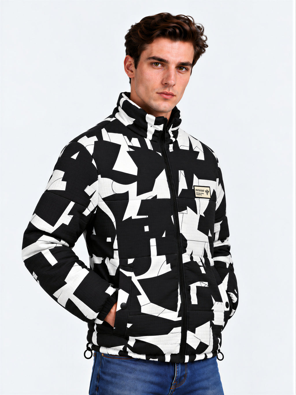 Black and White Abstract Print Puffer Jacket