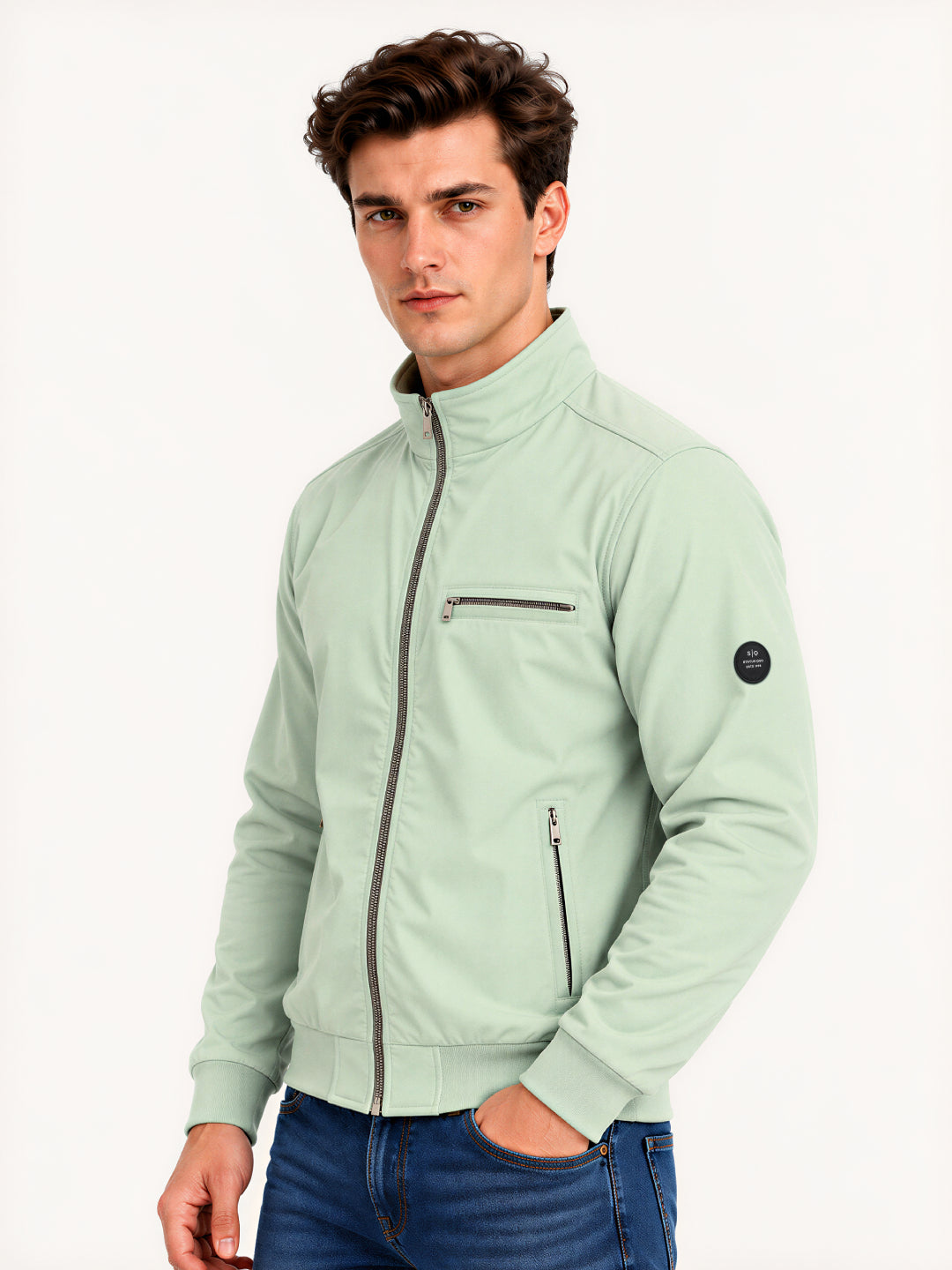 Sage Green High-Neck Zip-Up Jacket