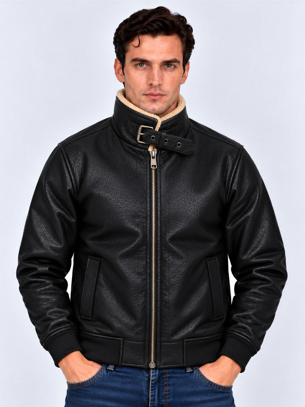 Black Faux Leather Sherpa Collar Bomber Jacket