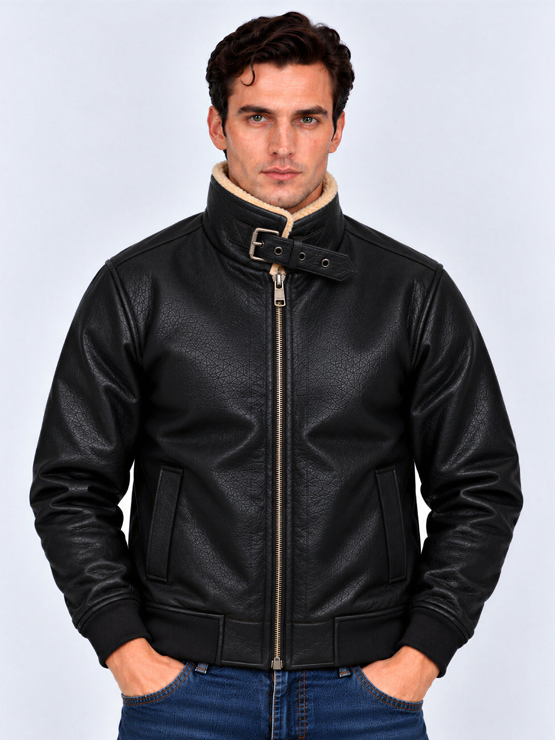 Black Faux Leather Sherpa Collar Bomber Jacket