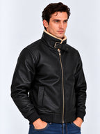 Black Faux Leather Sherpa Collar Bomber Jacket