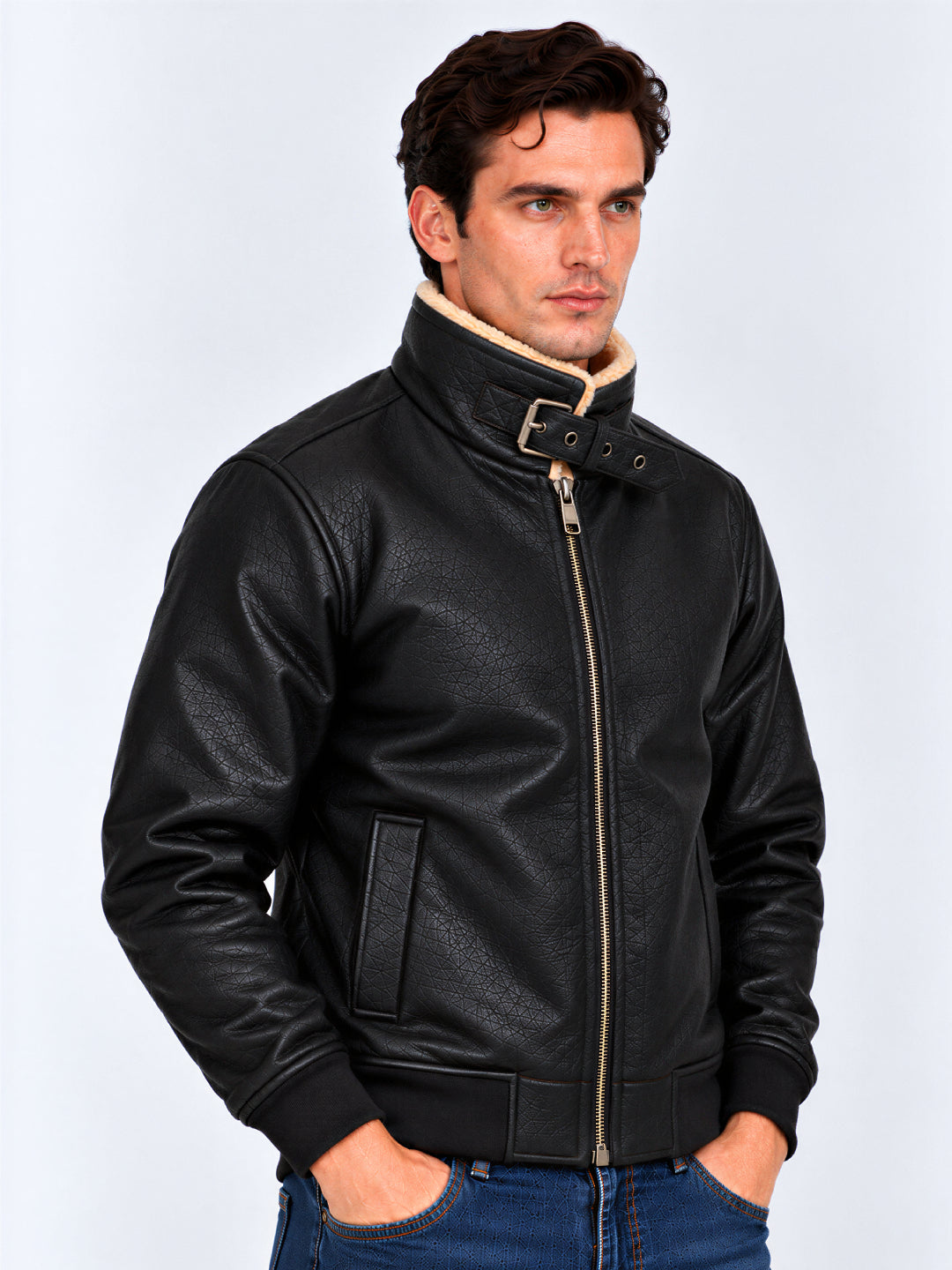 Black Faux Leather Sherpa Collar Bomber Jacket